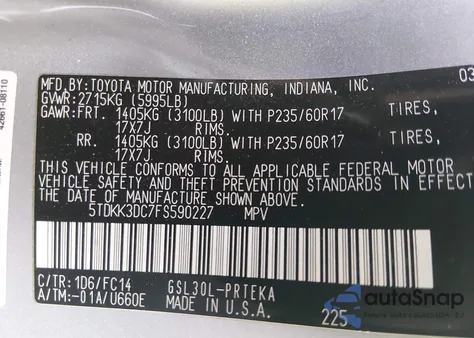 2015 Toyota Sienna Le 8 Passenger z USA, uszkodzony, nr VIN 5TDKK3DC7FS590227